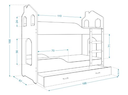 Dětská dvoupatrová postel Fdm Dominik Domek s potiskem hloubky 168 cm