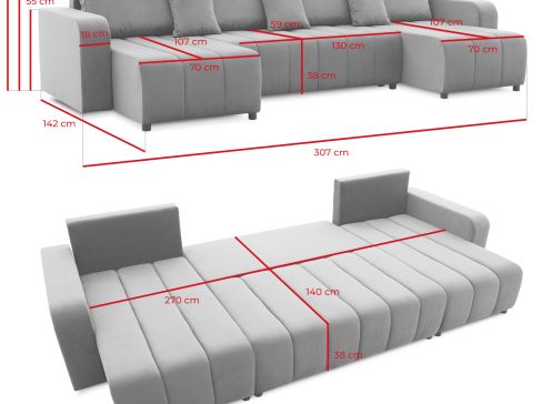 Velká rohová rozkládací pohovka Modena Kronos šíře 307 cm s dvojitým rohem