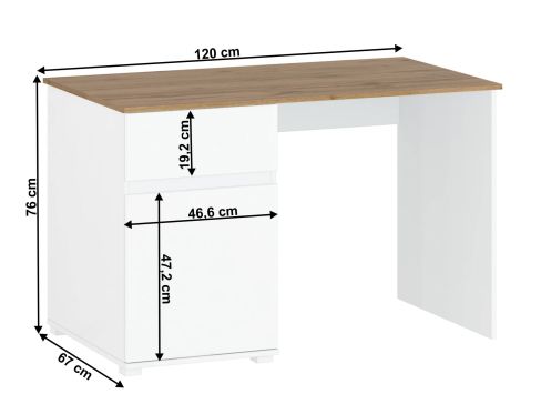 Psací stůl K Vilgo 1d1s/120 šíře 120 cm - bílý lesk / dub wotan