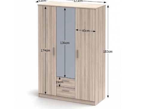 Třídveřová skříň K Singa 82 se zrcadlem a šuplíky šíře 123 cm