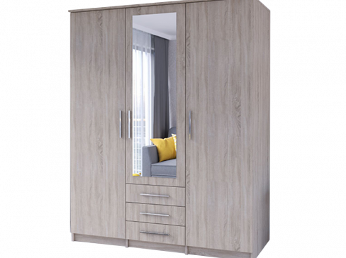 Šatní skříň Szantal 3D šíře 150 cm se šuplíky, klasickými dveřmi a zrcadlem