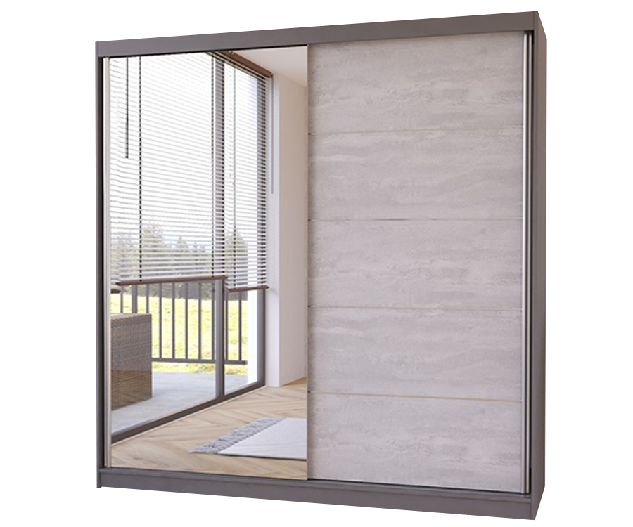 Idzczak šatní skříň Beton šíře 183 cm s posuvnými dveřmi a zrcadlem